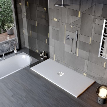 Receveur de douche en résine de marbre gris clair avec trou au centre de la pierre
