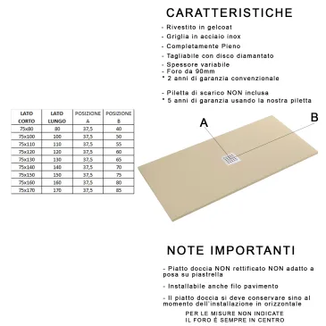 Piatto doccia in marmoresina con foro centrale Crema TEVERE