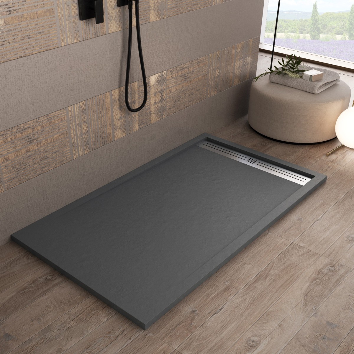 Receveur de douche en résine Dark Grey, trou latéral GRID