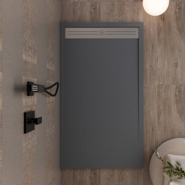 Receveur de douche en résine Dark Grey, trou latéral GRID