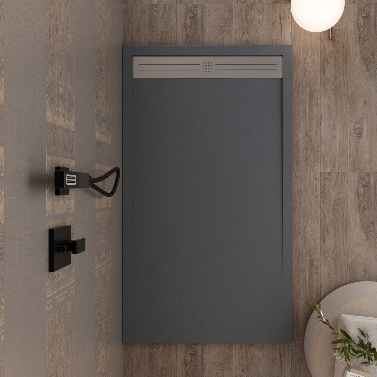 Receveur de douche en résine Dark Grey, trou latéral GRID
