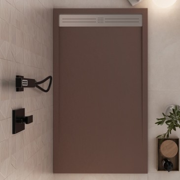 Receveur de douche en résine brune avec trou latéral GRID