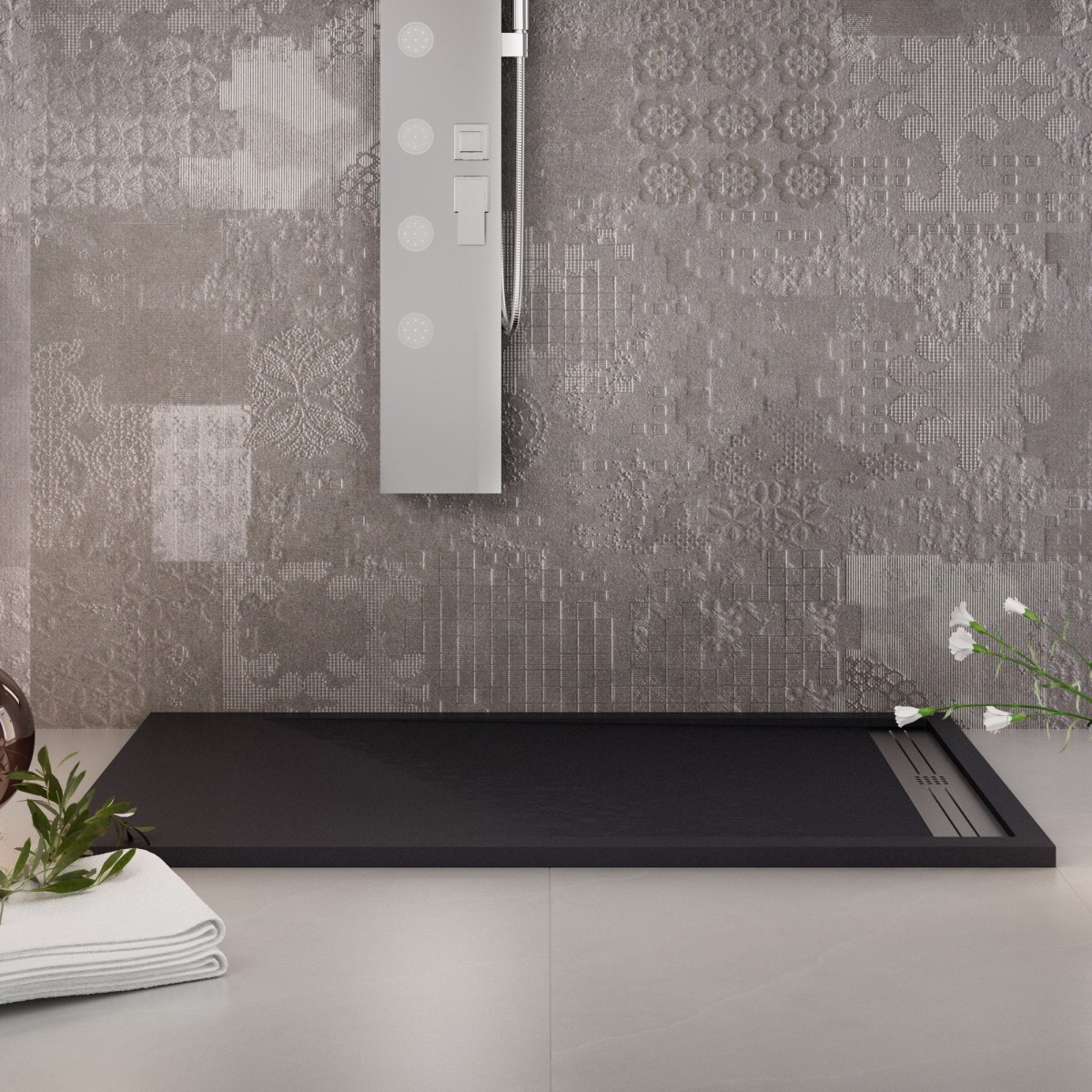 Receveur de douche en résine noire avec trou latéral GRID