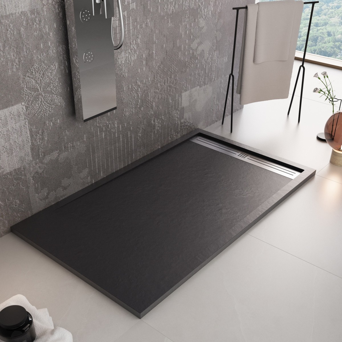 Receveur de douche en résine noire, trou latéral GRID