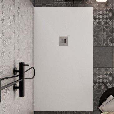 Receveur de Douche Blanc en Résine avec Grille Inox et Bonde Gratuite