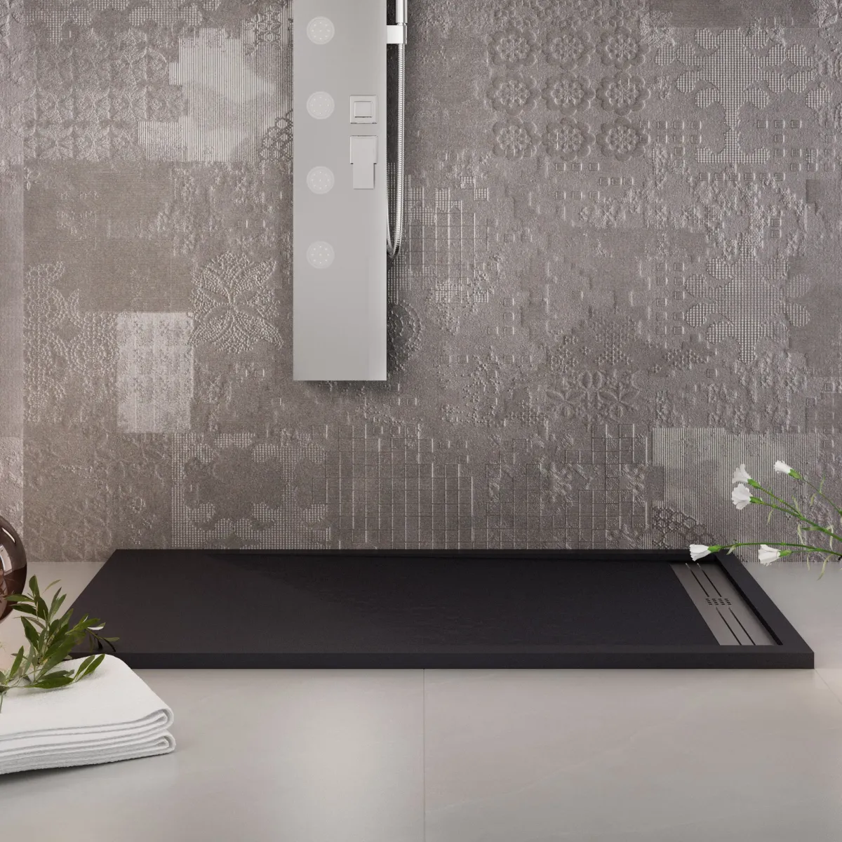 Receveur de douche RELAX en résine noire avec sortie...