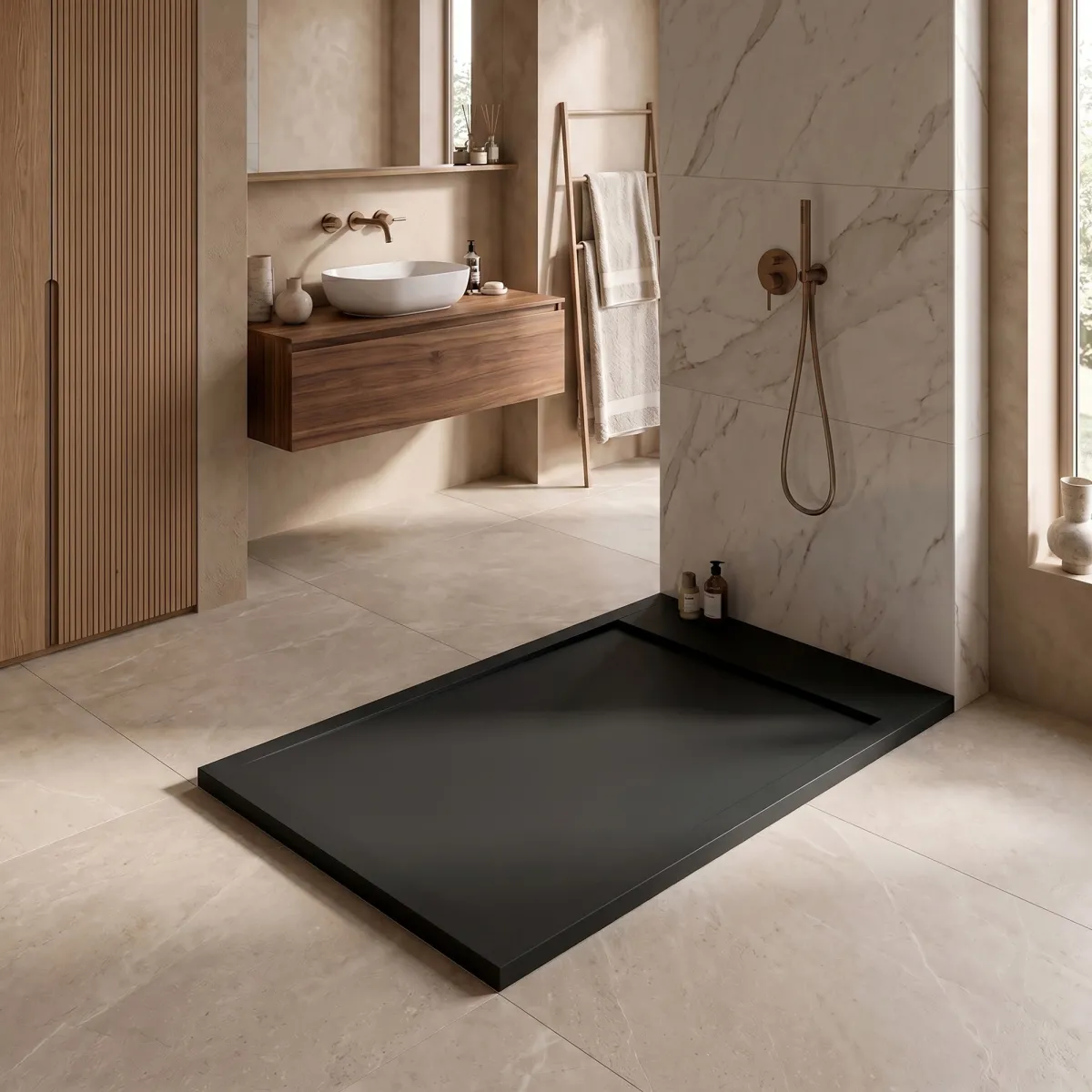 Receveur de douche en résine noire PRESTIGE sortie latérale