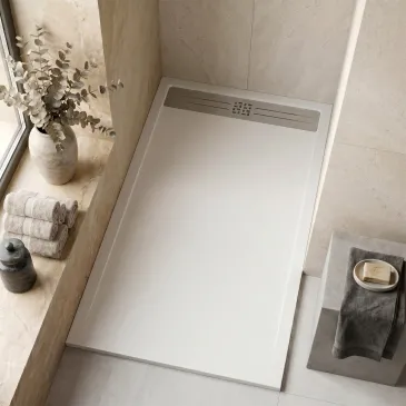 Receveur de douche en résine blanche avec trou latéral GRID
