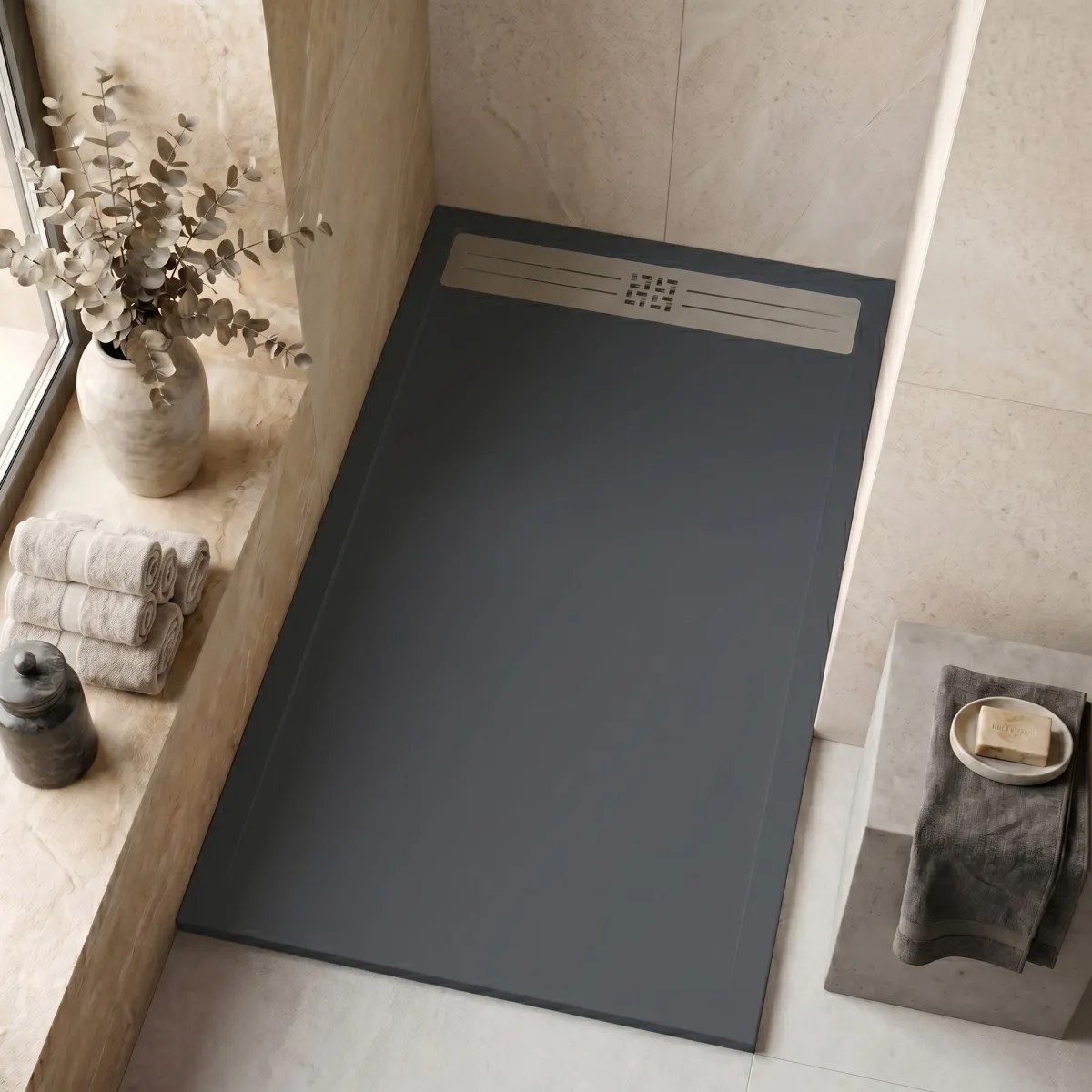 Receveur de douche en résine Dark Grey, trou latéral GRID