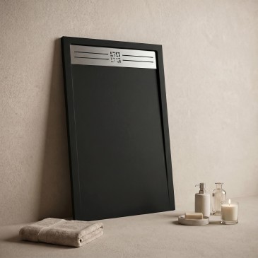 Receveur de douche en résine noire, trou latéral GRID