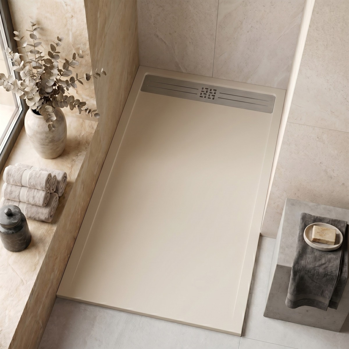 Receveur de douche en résine sableuse avec trou latéral PLUS