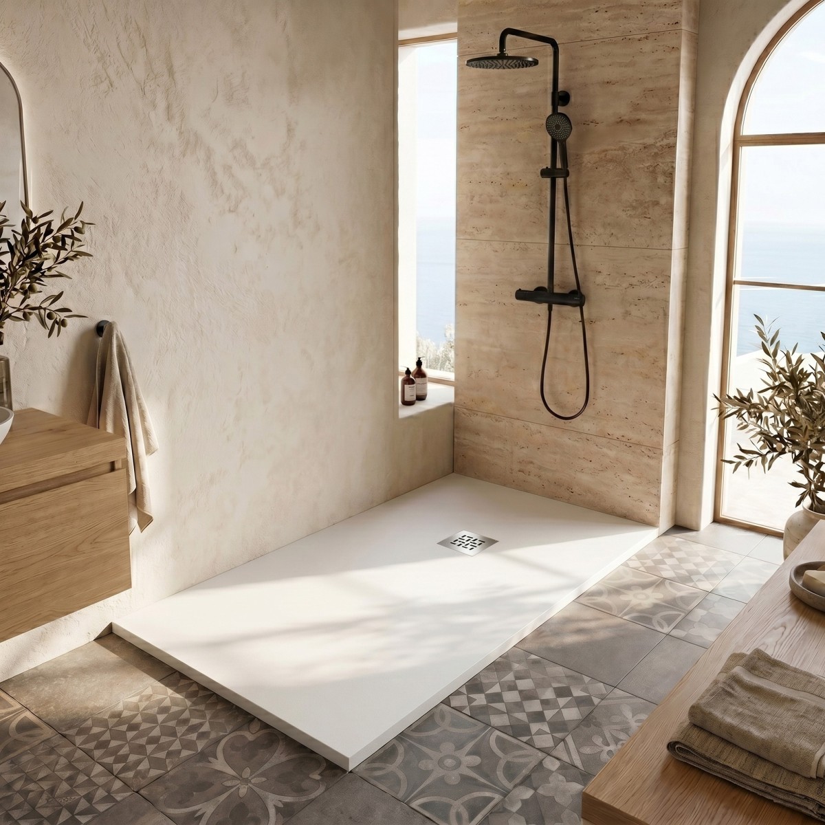 Receveur de douche en résine blanche à trou latéral PLUS
