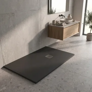 Schwarze Duschwanne aus Kunstharz mit seitlichem Loch PLUS