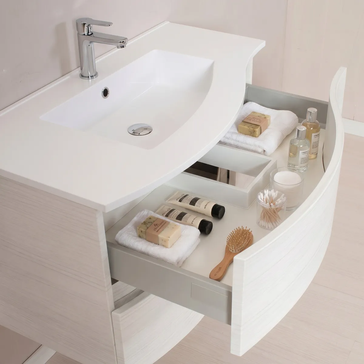 Mobile bagno sospeso bianco curvo 90cm OPEN