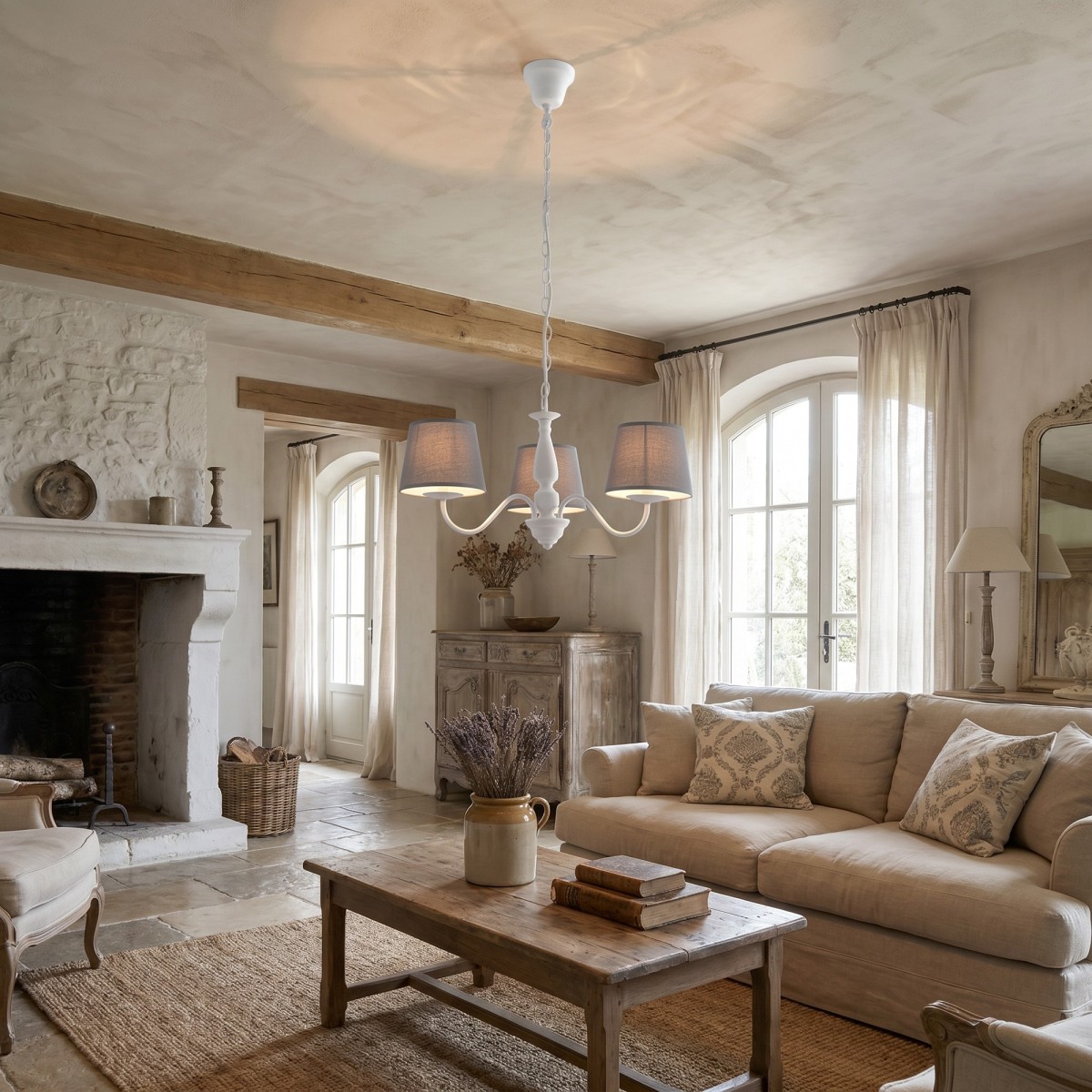 Lustre avec abat-jour en tissu gris | Mondialshop
