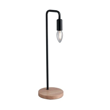 lampada da tavolo con dettagli in legno naturale e metallo bianco o nero