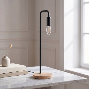 lume da comodino in legno e metallo, ideale per unire materiali ecologici e un'illuminazione d'accento rilassante.