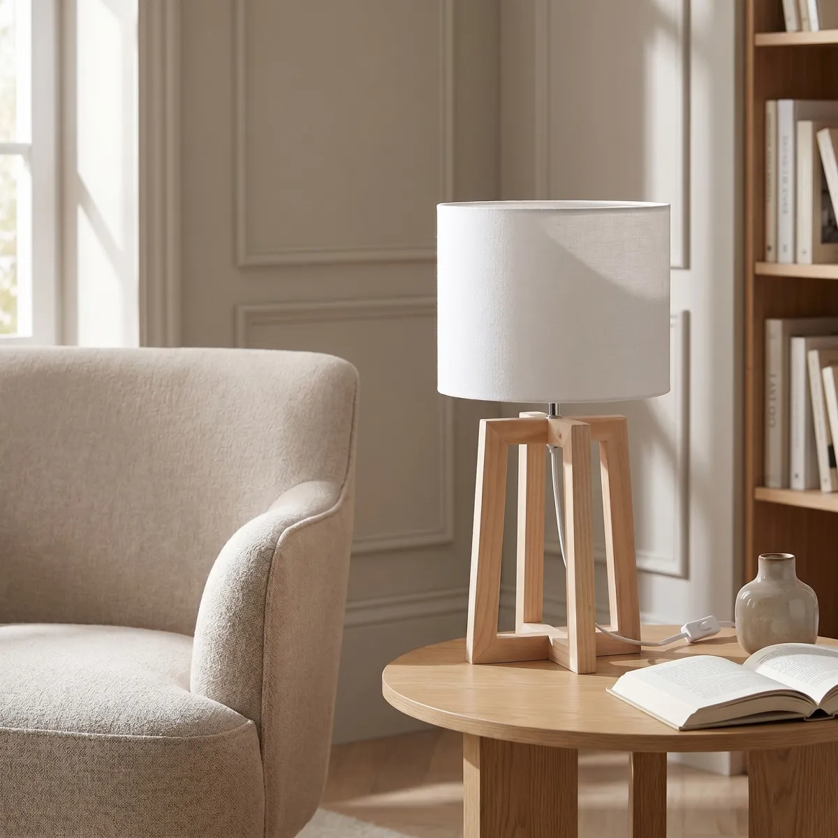 Lampe de bureau E14 en bois blanc | Mondialshop