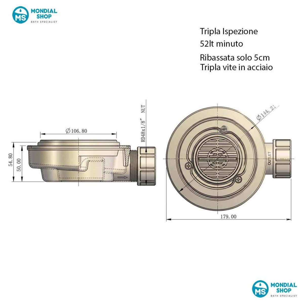 Receveur de douche en résine sableuse avec trou latéral PLUS