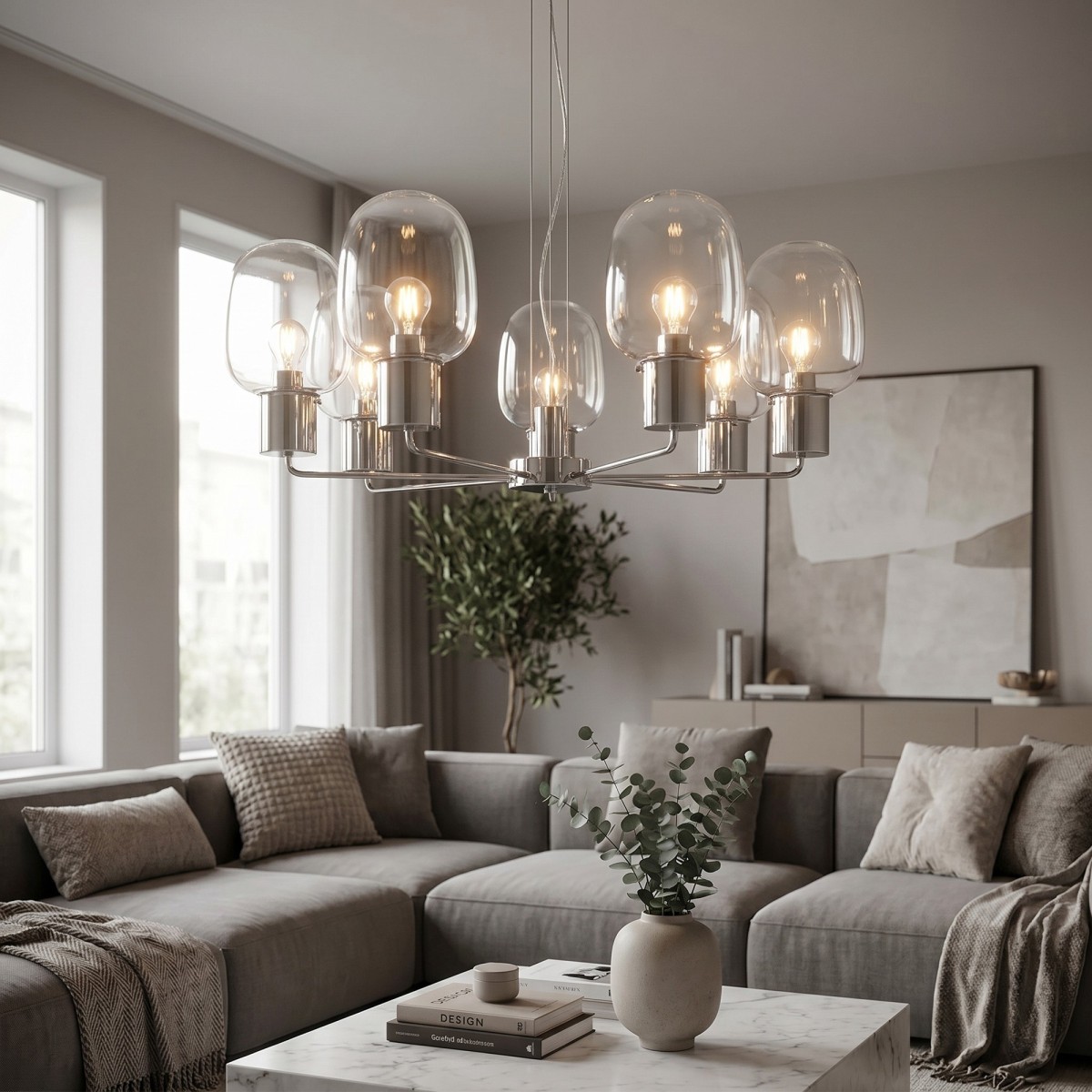 lampada a sospensione moderna grande con 6 attacchi E27,...