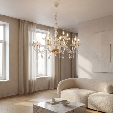 lampadario classico a quindici luci in cristallo, proposto in raffinata finitura oro caldo o cromo specchiato.