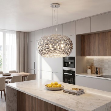 lampadario a sospensione moderno da 65 cm, proposto nella versione bianca opaca o cromo specchiato