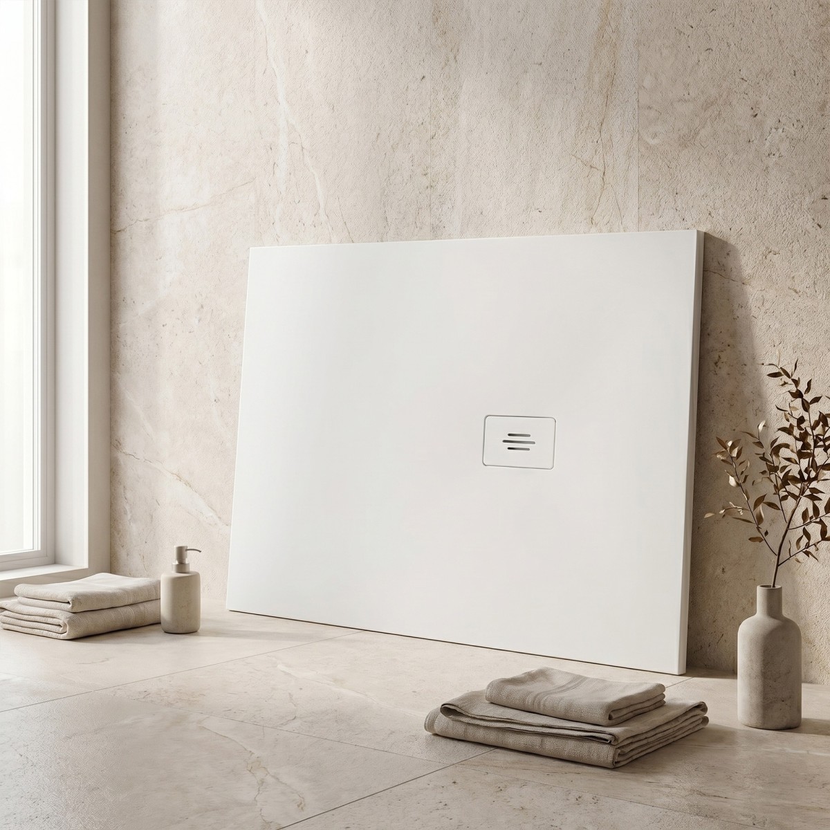Receveur de douche en résine blanche avec trou latéral MAKA