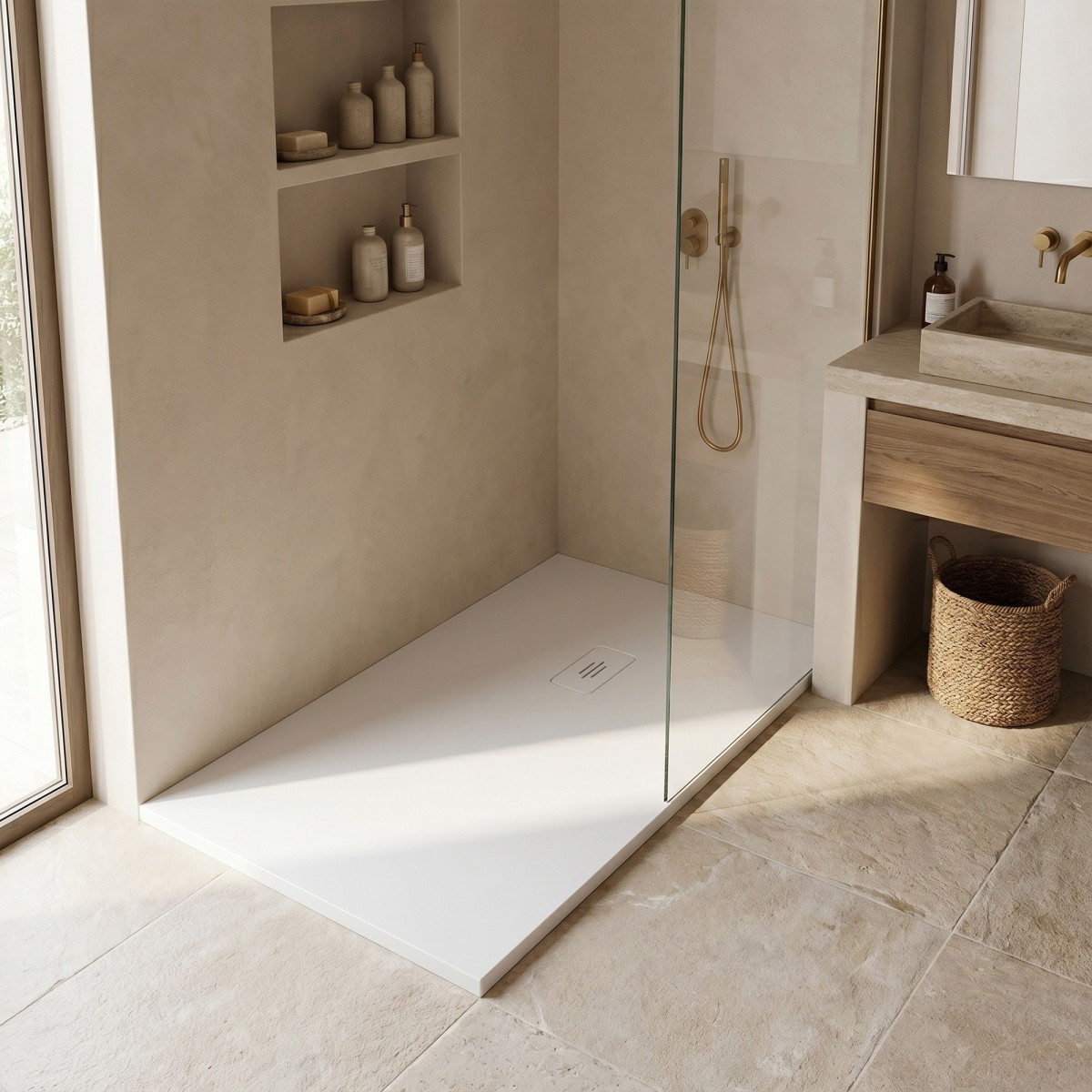 Receveur de douche en résine blanche avec trou latéral MAKA