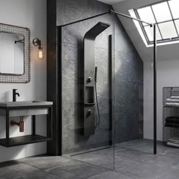 Colonna doccia nera in acciaio spazzolato con cascata COMO