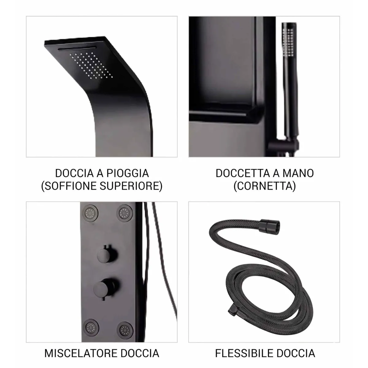 Colonna doccia nera in acciaio spazzolato con cascata COMO