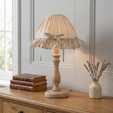 Lampada da tavolo o comodino In legno naturale Paralume decorato in tessuto beige Adatta per camere e salotti E14