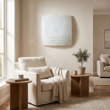 plafoniera quadrata con finitura brillantinata, disponibile in tre formati per living, camere e corridoi