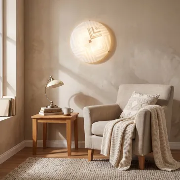 plafoniera moderna tonda in finitura bianca con motivo decorativo a frecce geometriche