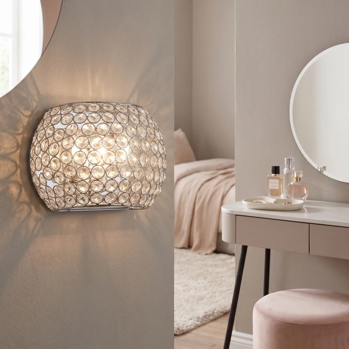 Runde Wandleuchte aus verchromtem K9-Kristall | Mondialshop
