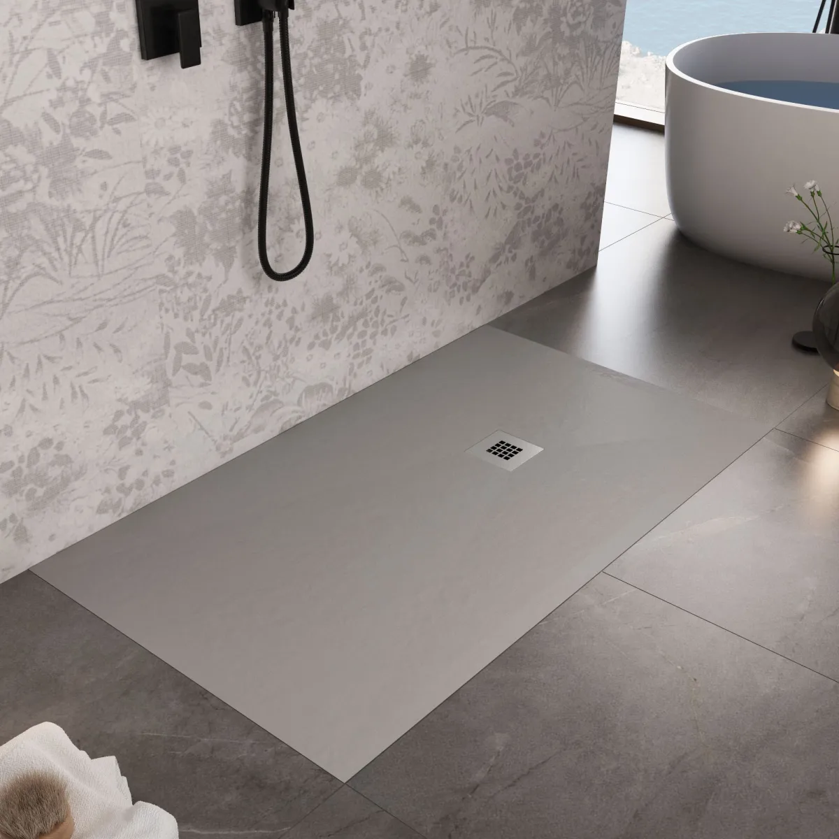 Receveur de douche en résine gris clair à trou latéral PLUS