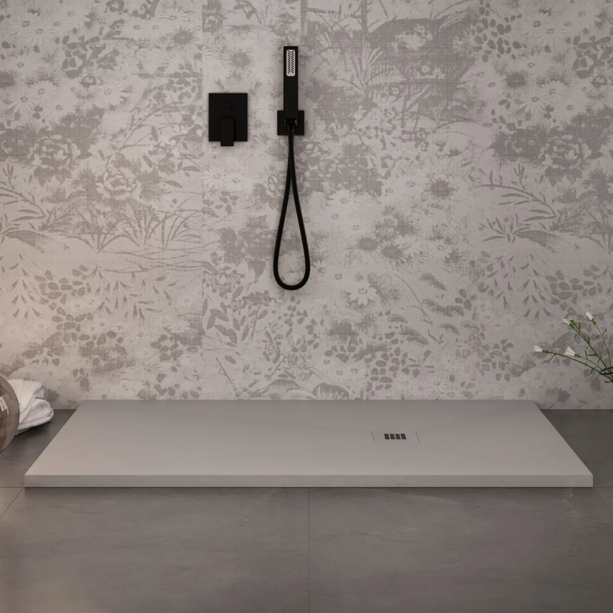 Receveur de douche en résine gris clair à trou latéral PLUS