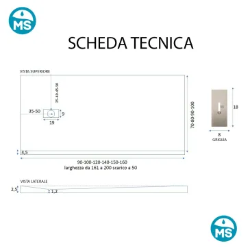 Receveur de douche en résine gris clair avec trou latéral MAKA