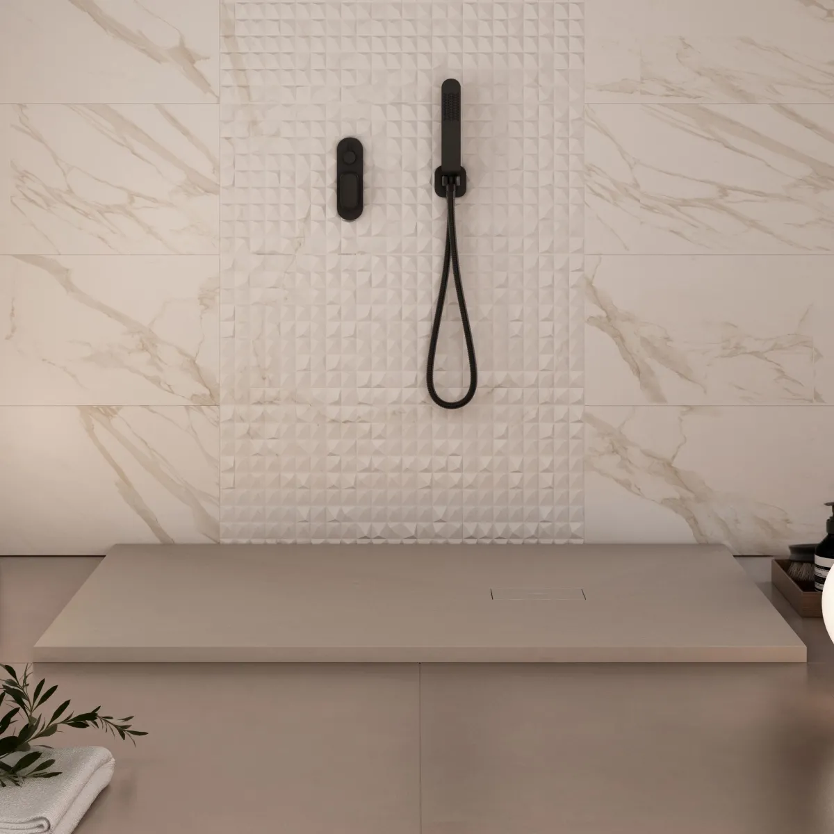 Receveur de douche en résine gris tourterelle, trou...