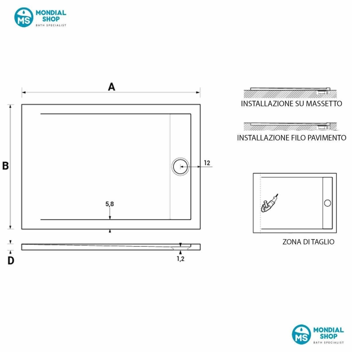 Piatto doccia in resina Bianco foro laterale GRID