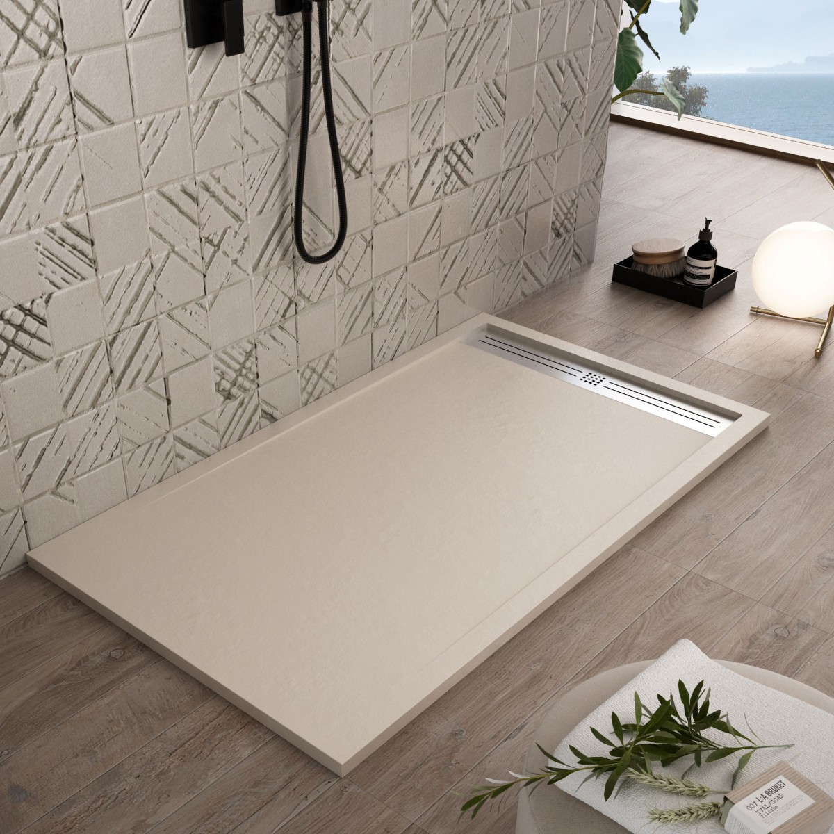 Receveur de douche en résine crème avec trou latéral GRID