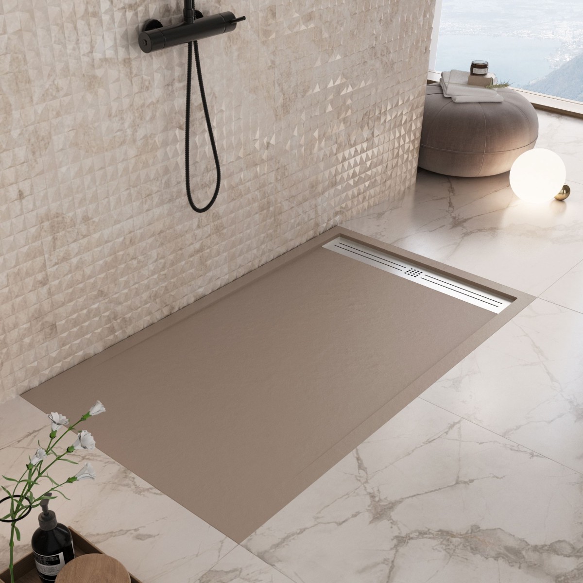 Taubengraue Duschwanne aus Kunstharz mit seitlichem Loch