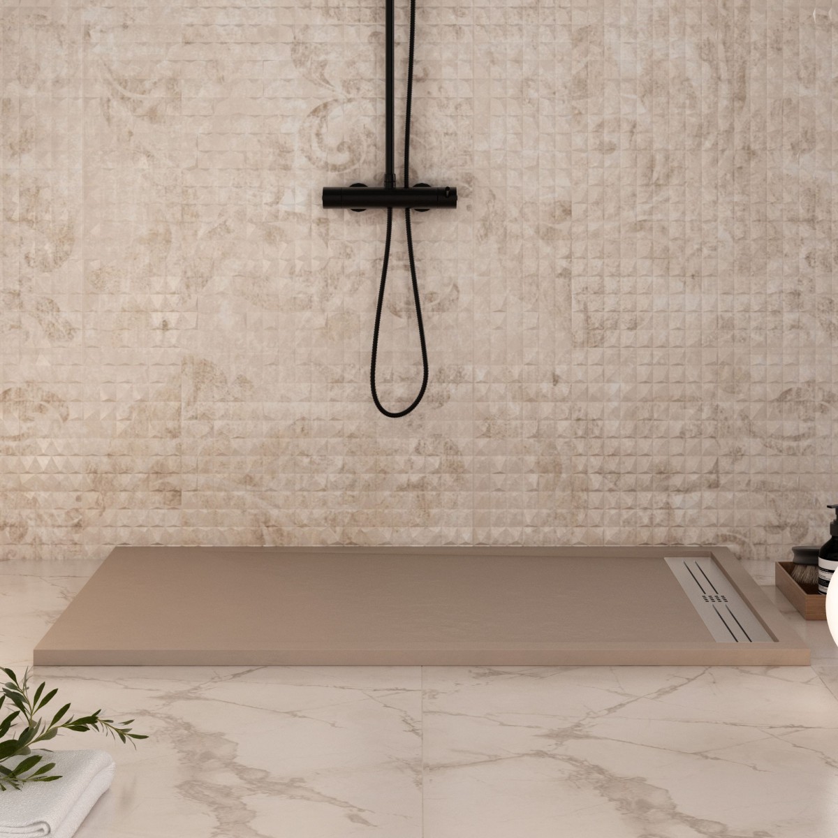 Receveur de douche en résine grise avec trou latéral GRID