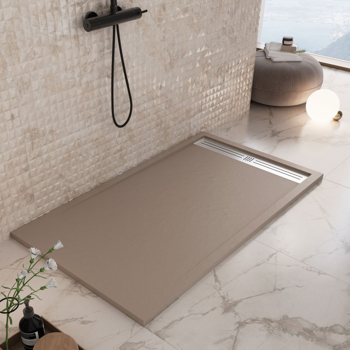 Receveur de douche en résine gris tourterelle avec trou...