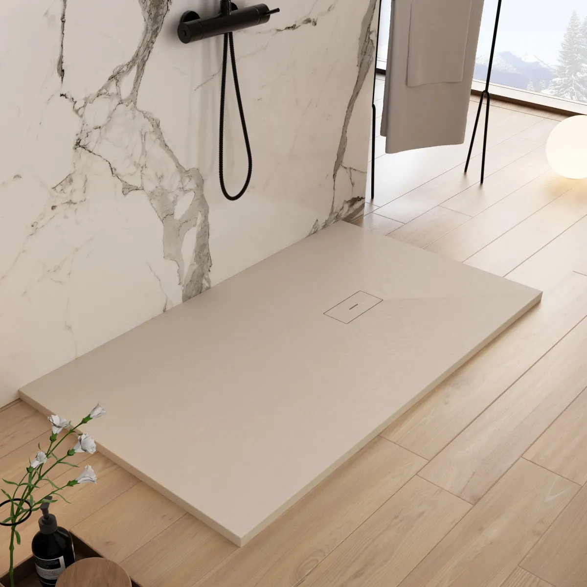 Receveur de douche en résine noire, trou latéral MAKA
