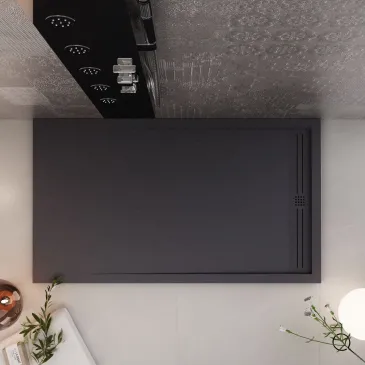 Receveur de douche en résine noire avec trou latéral GRID
