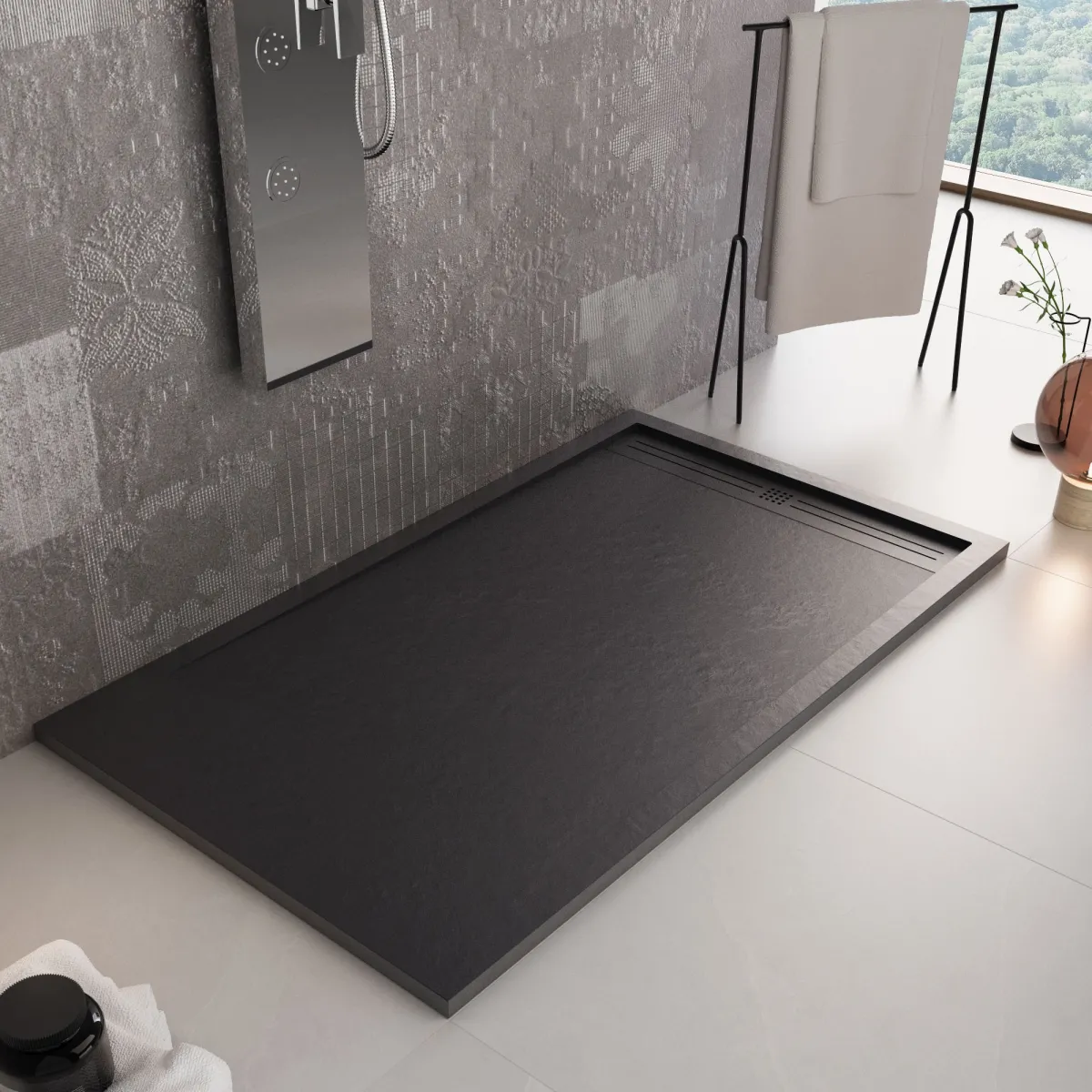 Receveur de douche en résine noire avec trou latéral GRID