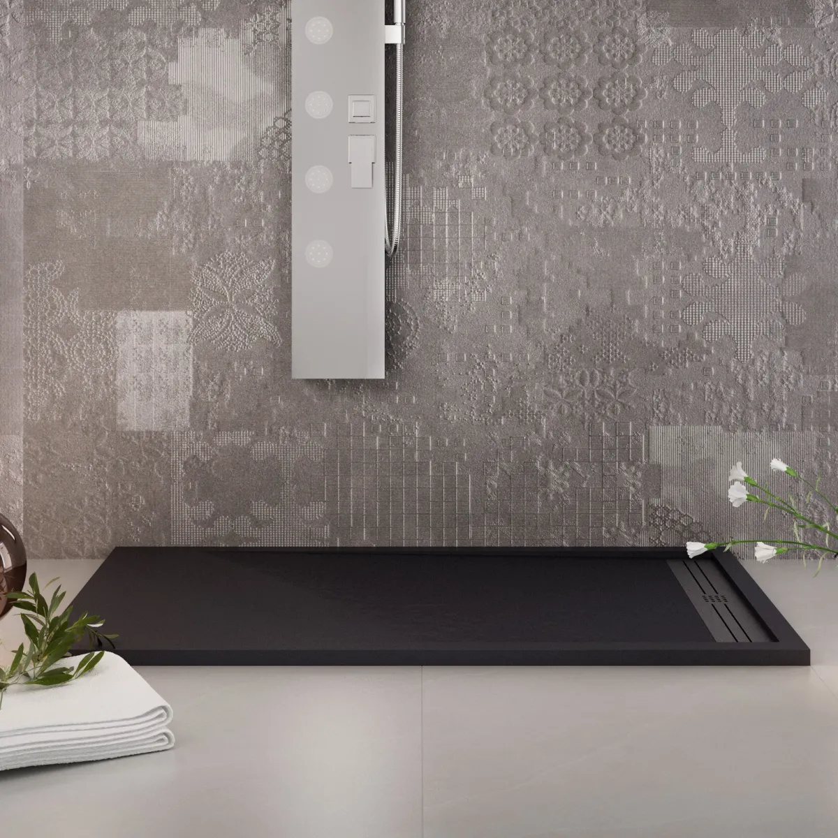 Receveur de douche en résine noire avec trou latéral GRID