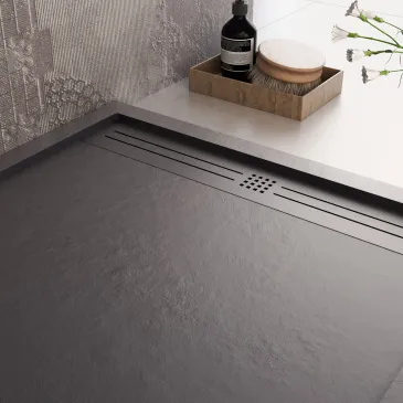 Receveur de douche en résine noire avec trou latéral GRID
