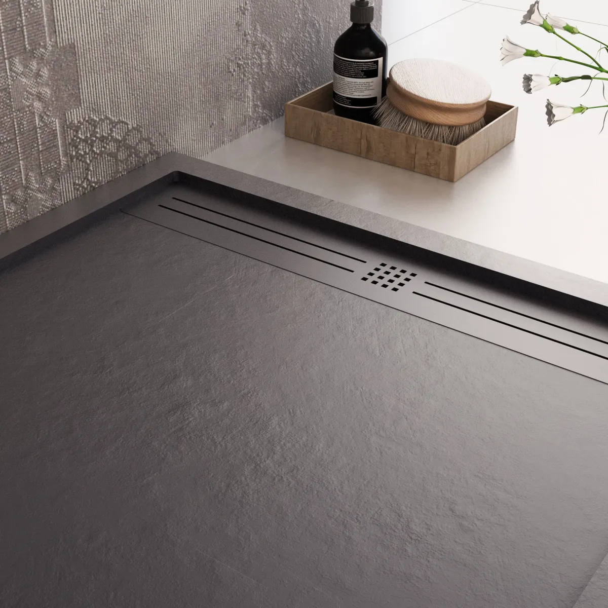 Receveur de douche en résine noire avec trou latéral GRID