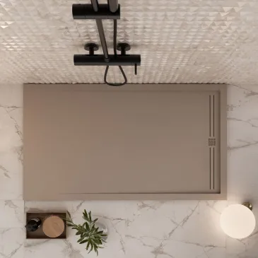 Receveur de douche en résine gris tourterelle avec trou latéral en grille